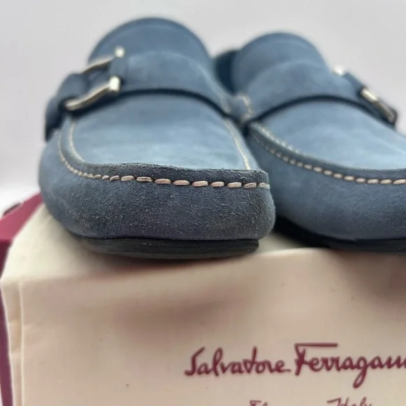 Salvatore Ferragamo Men Driving Suede Blue Moccasin Loafers Logo Sz 9 D - Picture 10 of 16